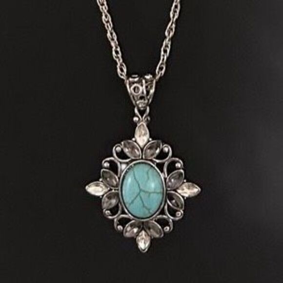 Vintage Jewelry - Vintage Pendant Necklace Women's Silver-tone Chain Turquoise Cabochon Center